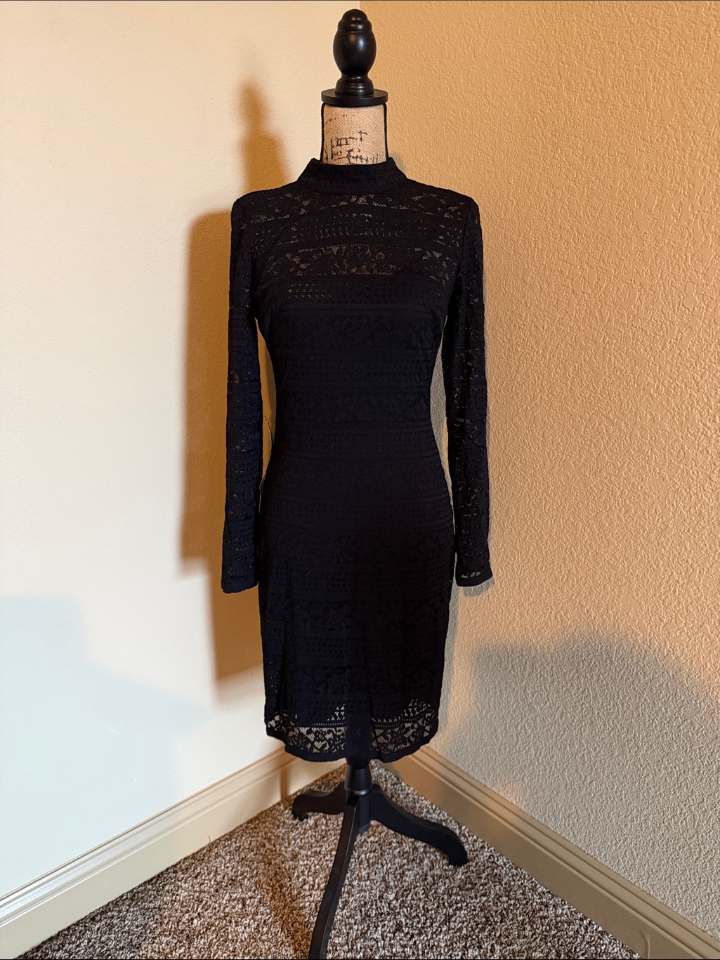 Bebe Black Lace Long-Sleeve Sheath Dress
